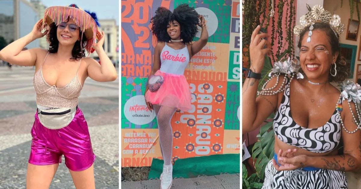 Mulheres usando look estiloso e confortável no Carnaval de rua com tênis, acessórios e roupas leves